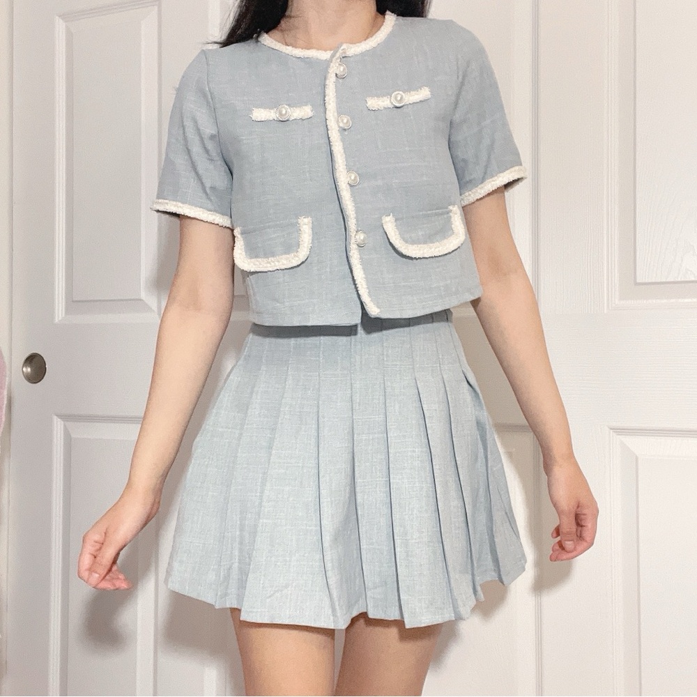 Kpop soft blue set with tweed trim and pearl buttons